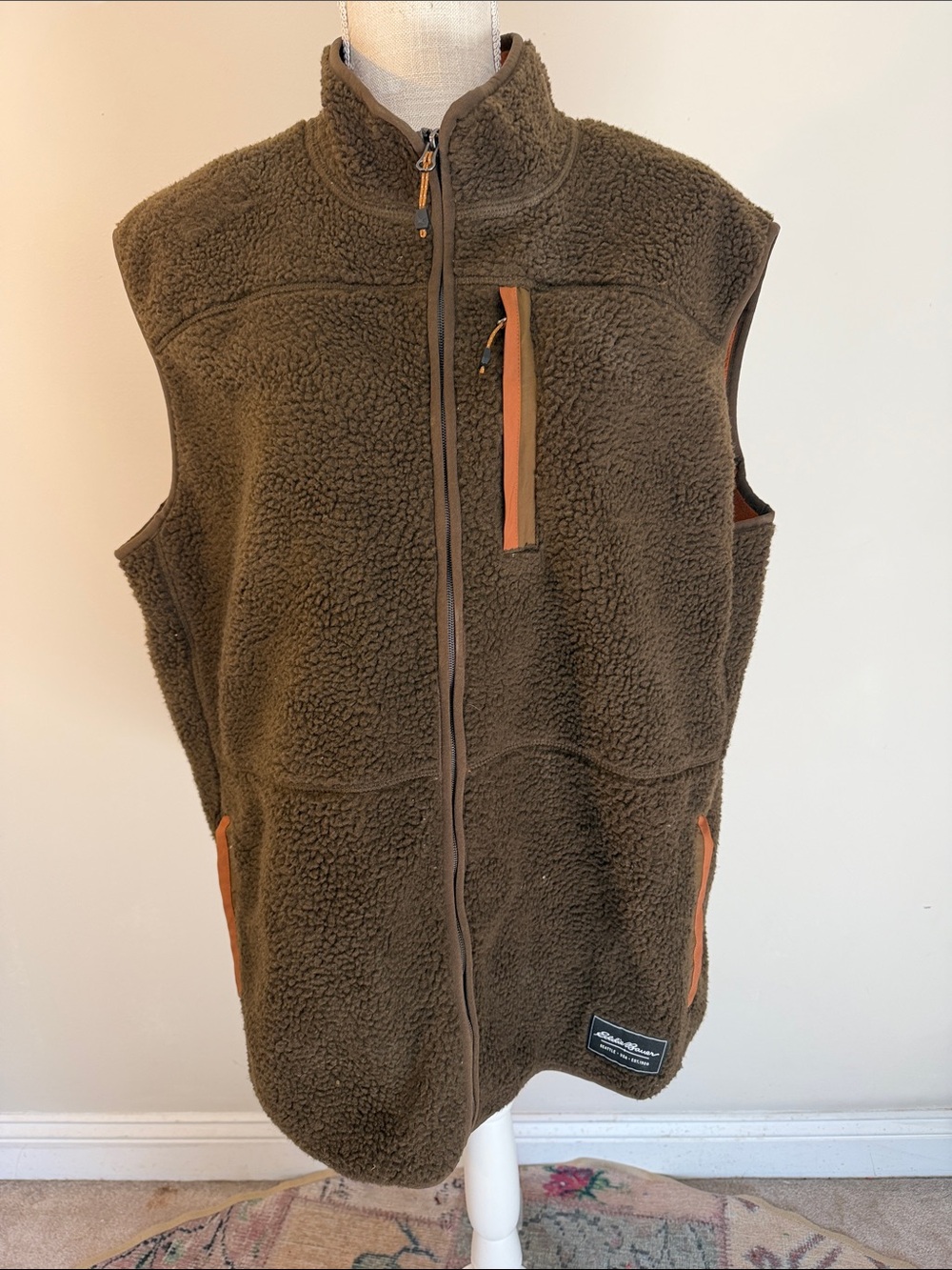 Eddie Bauer Olive Green Sherpa Vest with Rust Trim